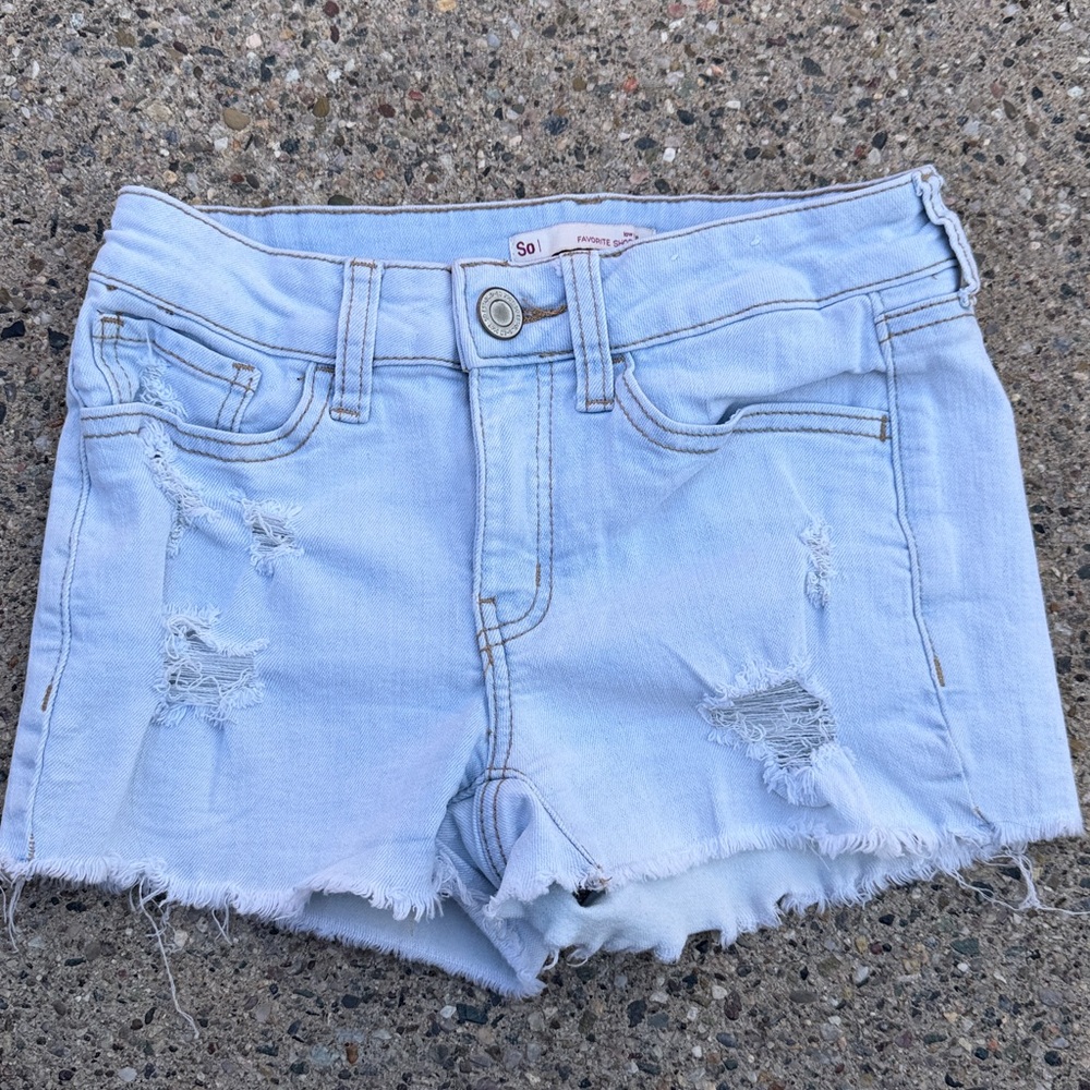 SO Y2K Low Rise Favorite Shorty Denim Juniors Light Wash Distressed Stretch